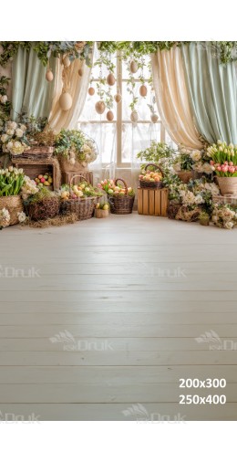 Tło fotograficzne „Wielkanocne okno z wiszącymi jajkami i naturalnymi koszami” | E647